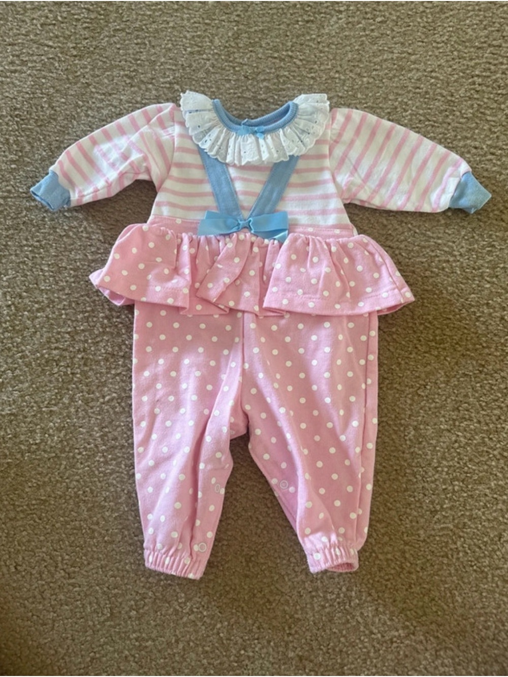 Buster Brown Pink White Polka Dot Baby One-Piece with Blue Trim 6-9 months